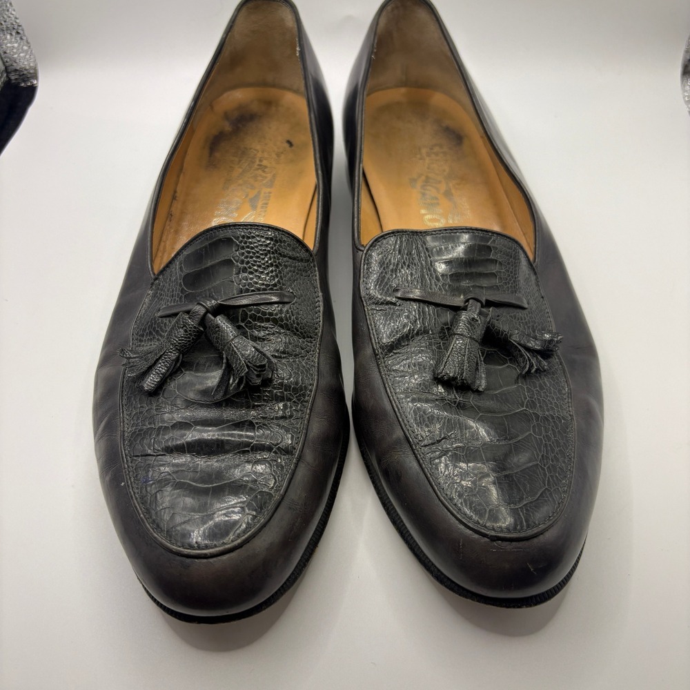 Salvatore Ferragamo Mens 11 D Black Leather Tassel Loafers Lizard Embossed 2249
